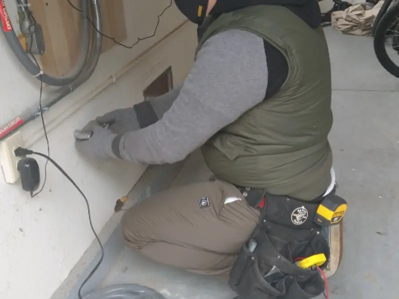 Electrician performing outlet wiring in a Mount Prospect garage